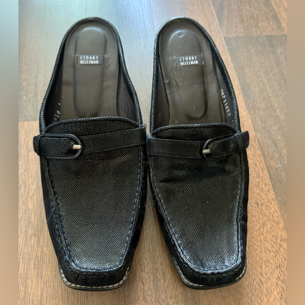 Stuart Weitzman black leather buckle square toe slip-on mules in US size 10